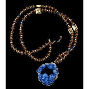 Blue Faux Geode Slice Pendant Necklace With Brown Wood And Gold Tone Metal Beads